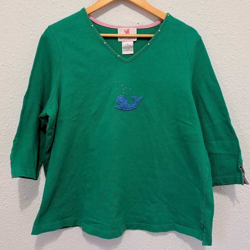 Vintage Quacker Factory Whale Top Quirky Y2K Kelly Green 1X